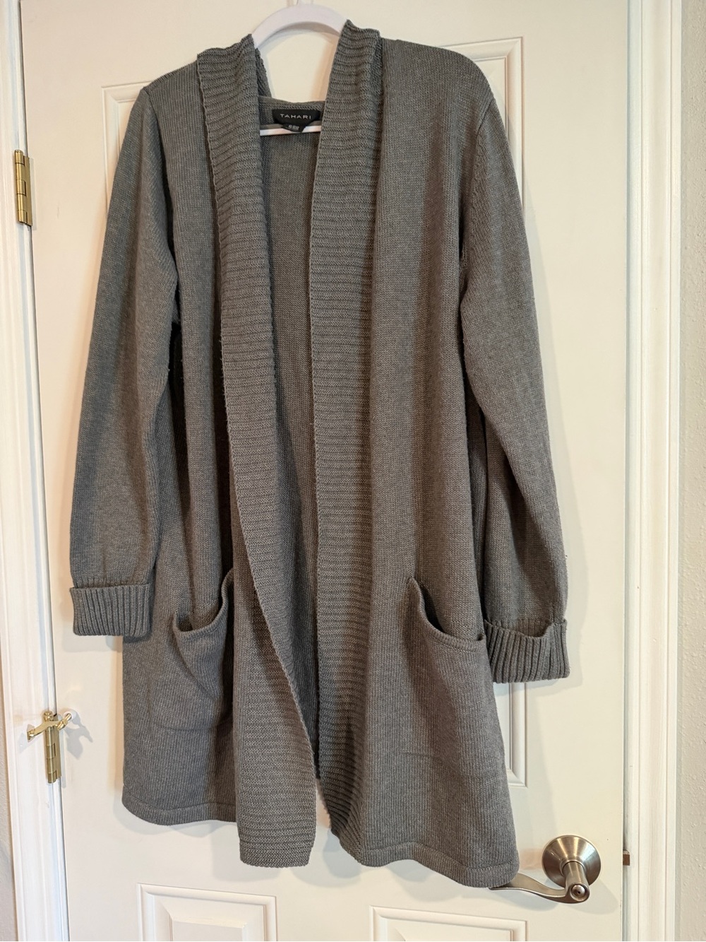 Tahari Gray Open-Front Rib Trim Cardigan
